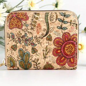Boho Flower Pattern Cork Wallet, Eco-friendly Material Wallet, Zipper